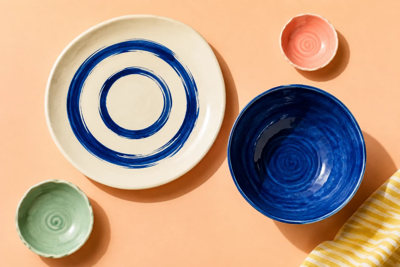 Illustrative blue brushwork plate, blue bowl, and pastel bowls on a peach table